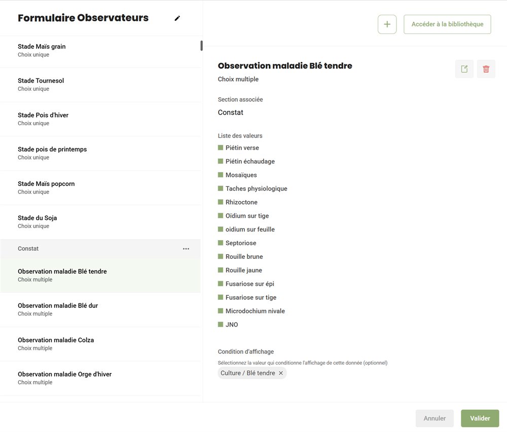 Building an observation form in the Landfiles admin interface, with a value list and a display condition