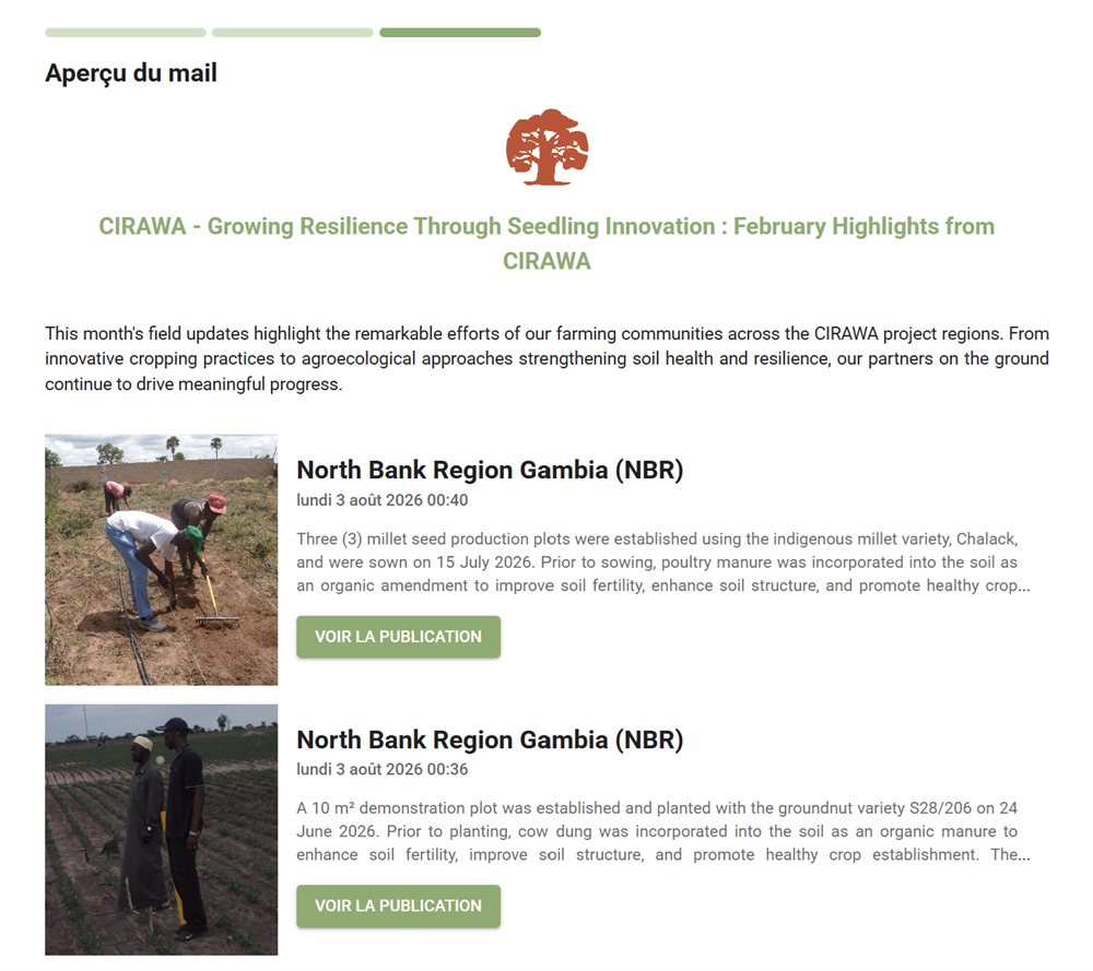 Preview of the generated email, with its publications, photos and links