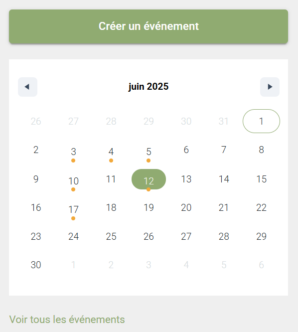 Group event calendar, with marked dates and the create button